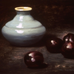 Oil Sketch, blue jar, plums